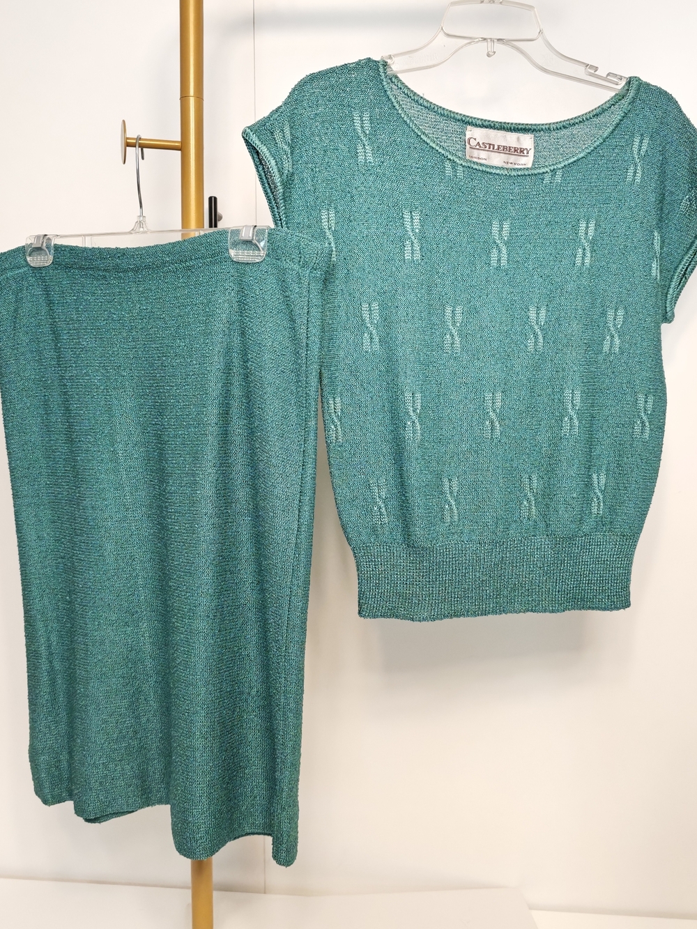 Castleberry Vintage‎ 70s Teal Knit Skirt Set Womens 2 Piece Top Midi Skirt Green